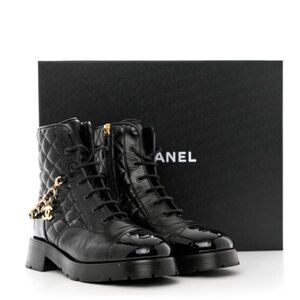 CHANEL Black Combat Boots with Chunky Sole and Lace-Up Design